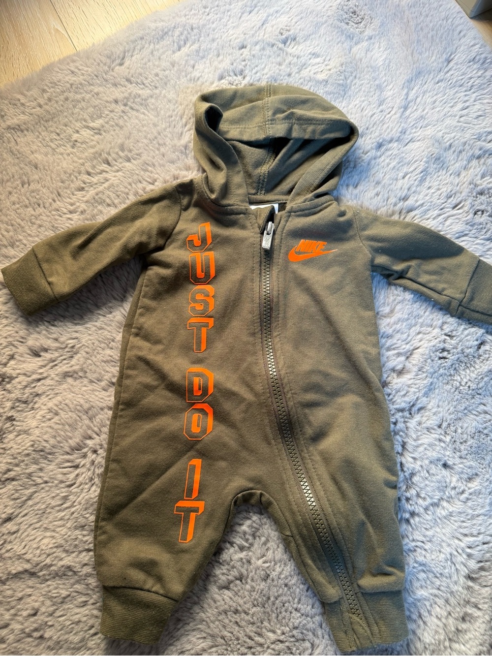 Nike Olive Green Hooded One-Piece with Orange 'Just Do It' Accents